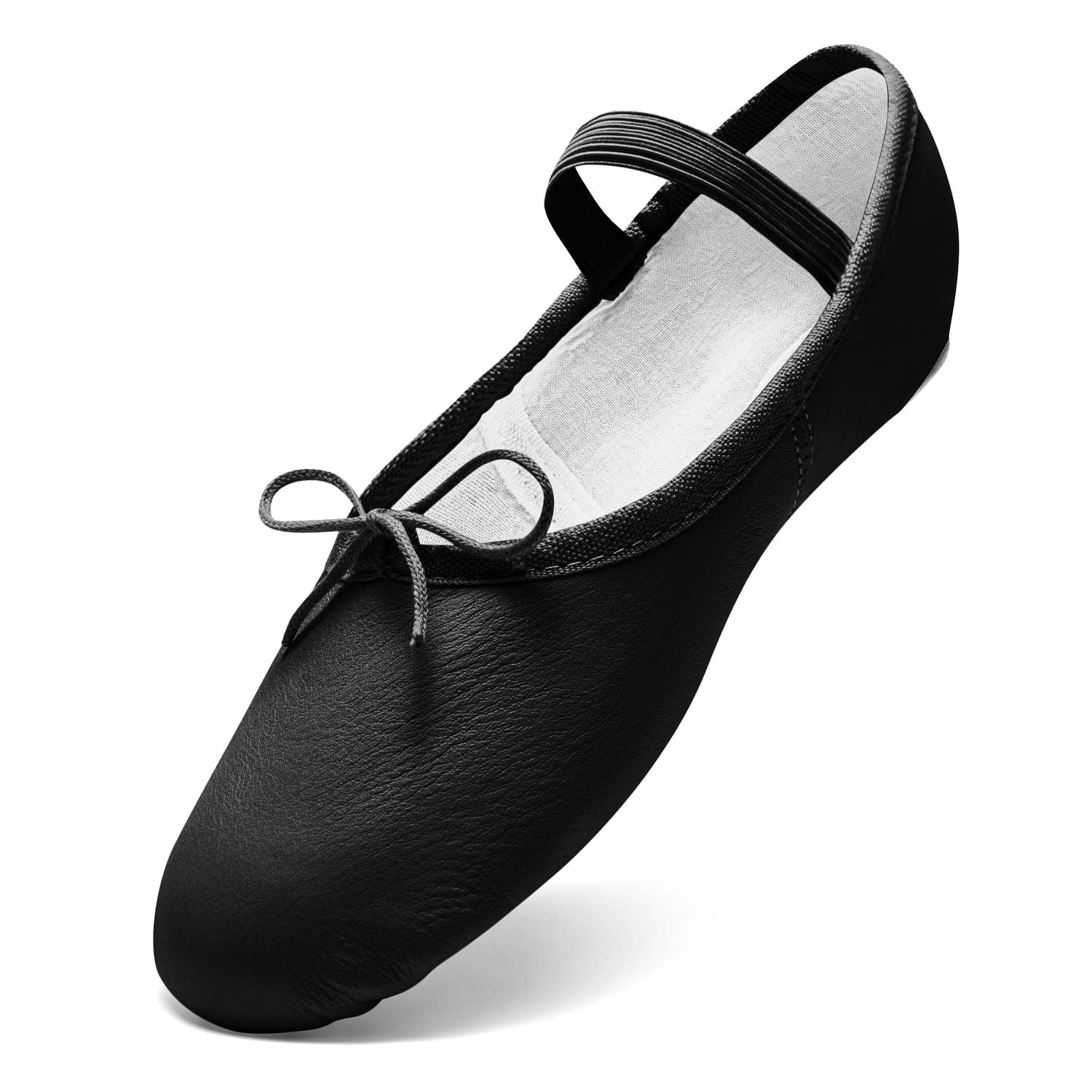Rumpf 1001 Ballettschläppchen in Schwarz mit Schleife, Gummiband und Chromledersohle auf Weiß.